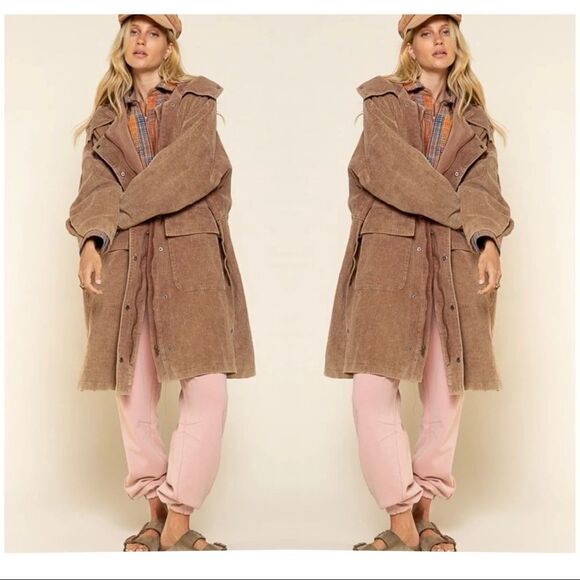 POL 𝅺corduroy Hooded Long Coat in Teddy Bear - Picture 1 of 12